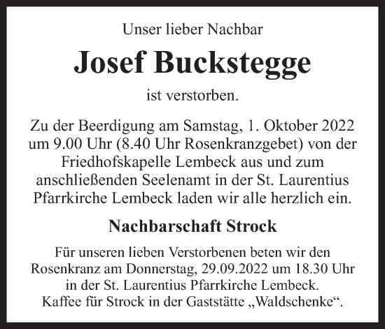 Traueranzeige von Josef Buckstegge von Ruhr Nachrichten und Dorstener Zeitung