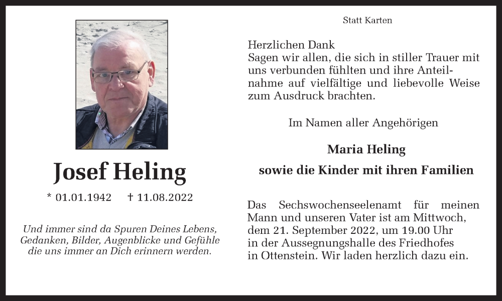  Traueranzeige für Josef Heling vom 17.09.2022 aus Münstersche Zeitung und Münsterland Zeitung