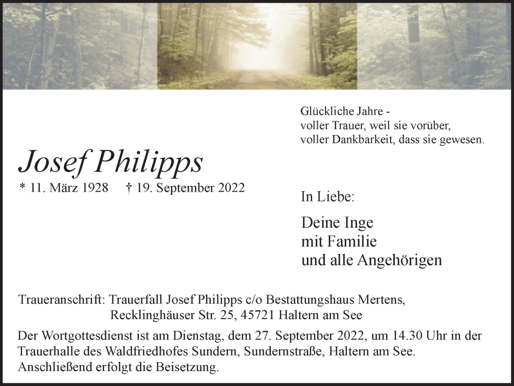  Traueranzeige für Josef Philipps vom 23.09.2022 aus Ruhr Nachrichten und Halterner Zeitung