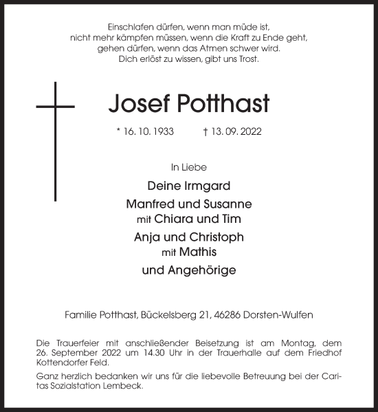Traueranzeige von Josef Potthast von Ruhr Nachrichten und Dorstener Zeitung