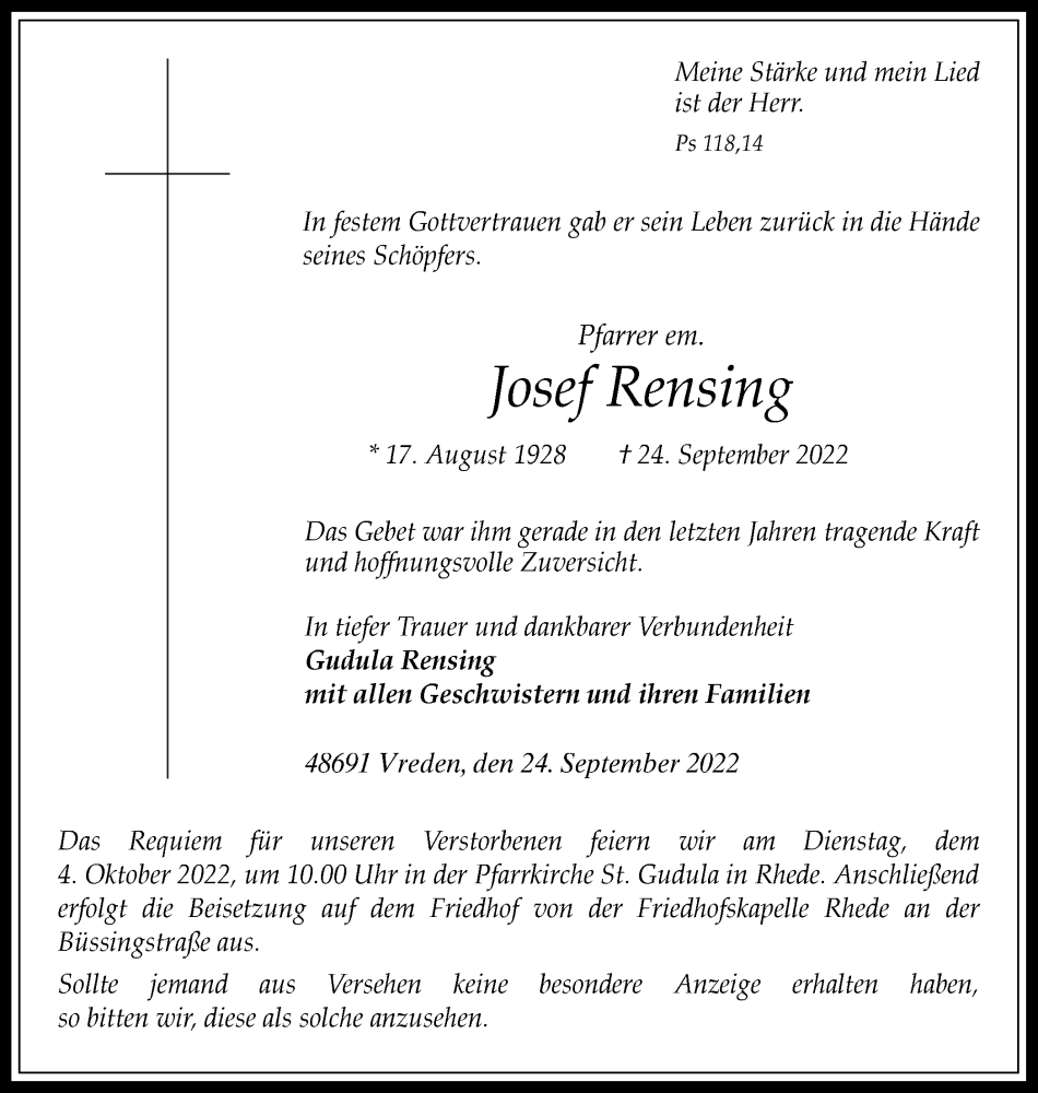  Traueranzeige für Josef Rensing vom 29.09.2022 aus Münstersche Zeitung und Münsterland Zeitung