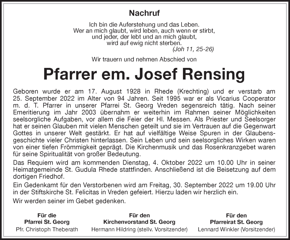  Traueranzeige für Josef Rensing vom 28.09.2022 aus Münstersche Zeitung und Münsterland Zeitung