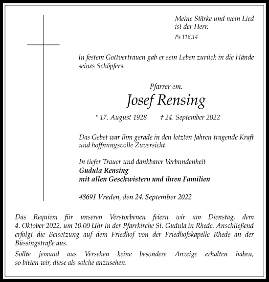Traueranzeige von Josef Rensing von Münstersche Zeitung und Münsterland Zeitung
