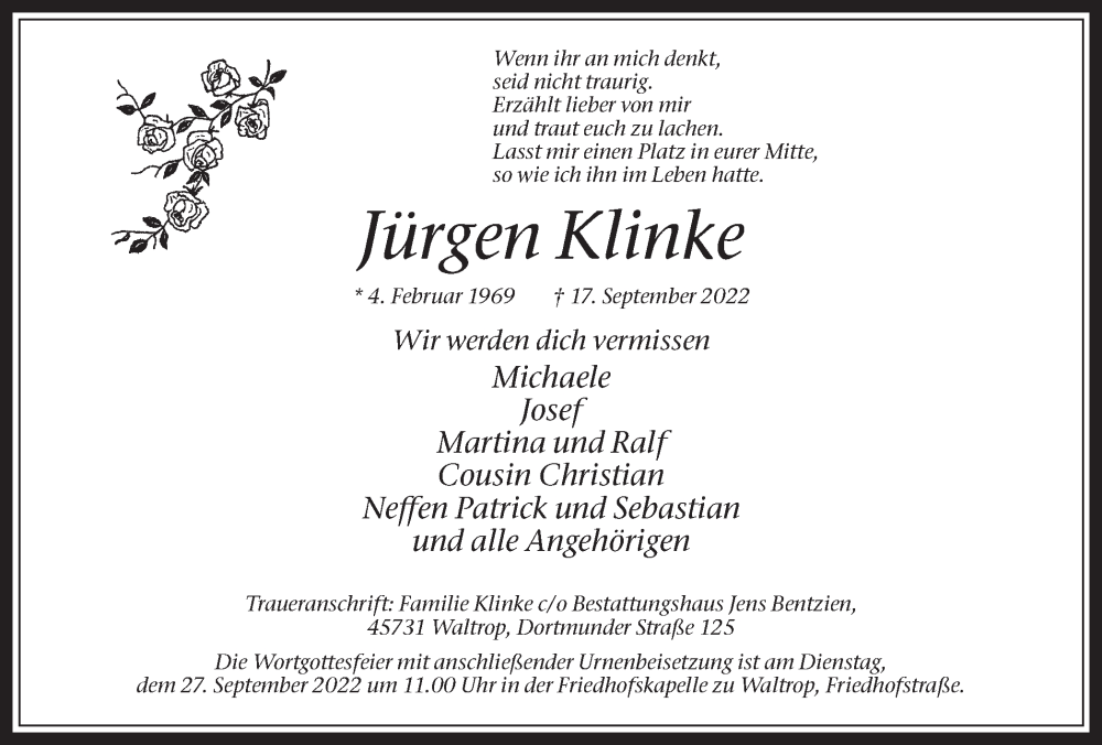  Traueranzeige für Jürgen Klinke vom 21.09.2022 aus Medienhaus Bauer