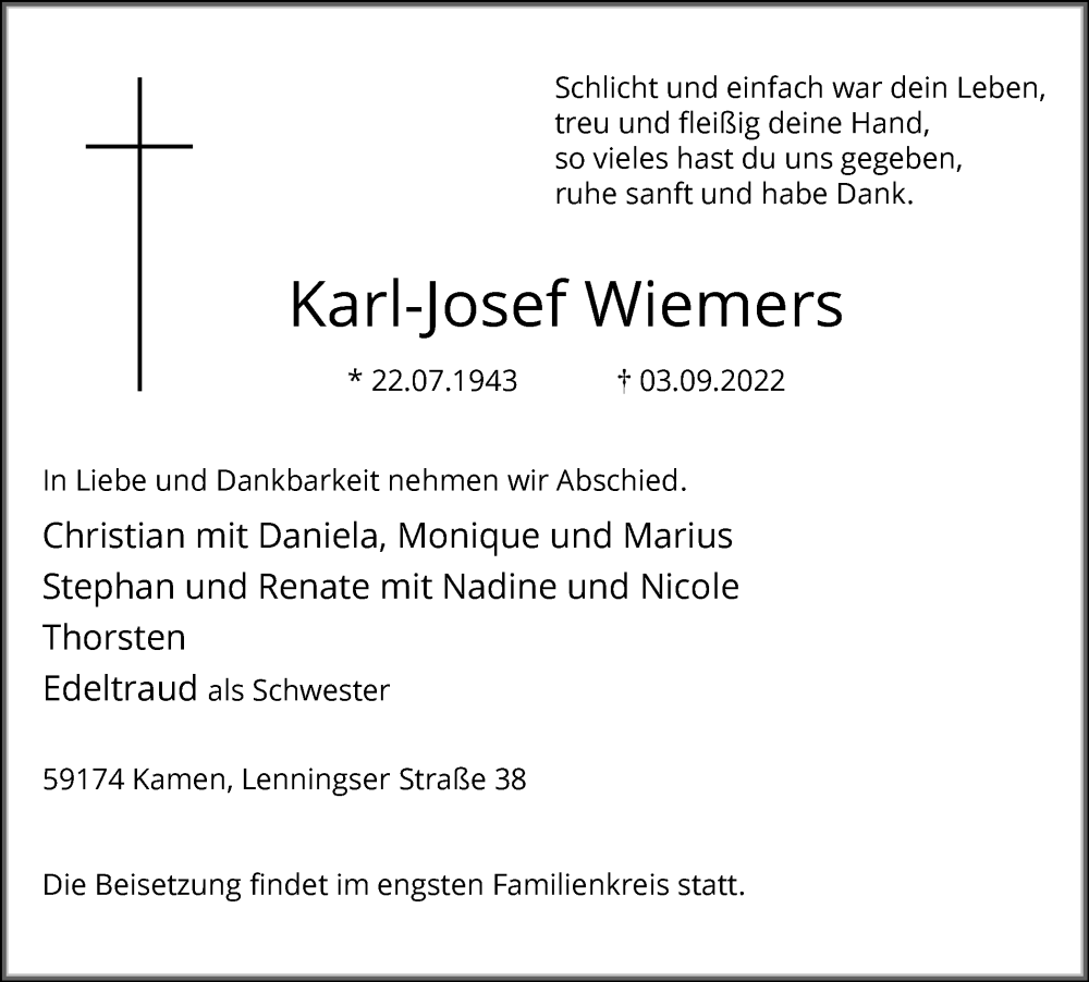  Traueranzeige für Karl-Josef Wiemers vom 08.09.2022 aus Hellweger Anzeiger