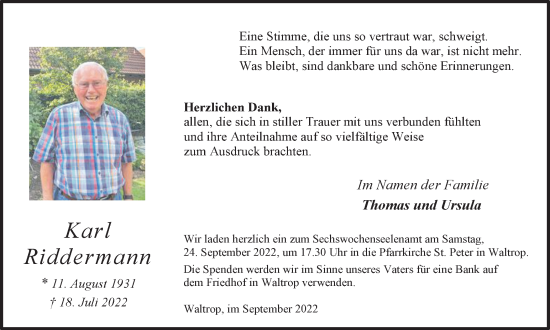 Traueranzeige von Karl Riddermann von Medienhaus Bauer
