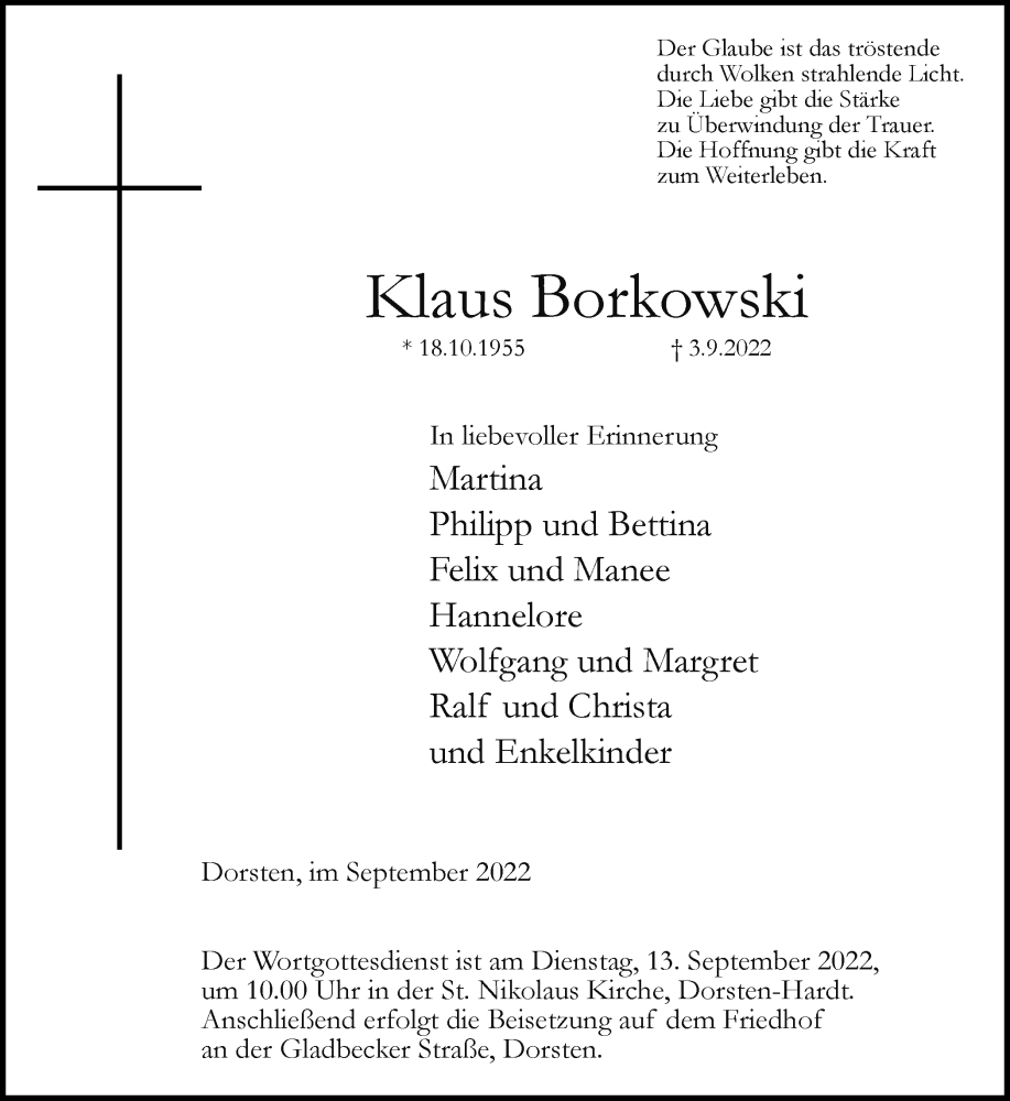  Traueranzeige für Klaus Borkowski vom 08.09.2022 aus Ruhr Nachrichten und Dorstener Zeitung