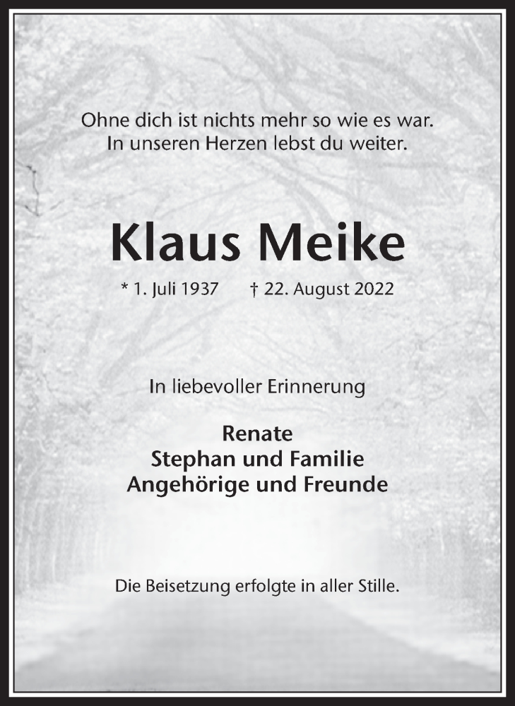  Traueranzeige für Klaus Meike vom 14.09.2022 aus Medienhaus Bauer
