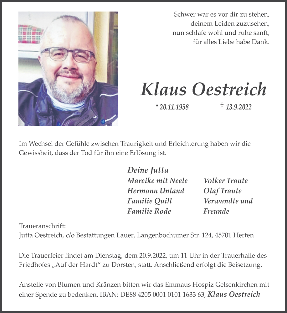  Traueranzeige für Klaus Oestreich vom 16.09.2022 aus Ruhr Nachrichten und Dorstener Zeitung