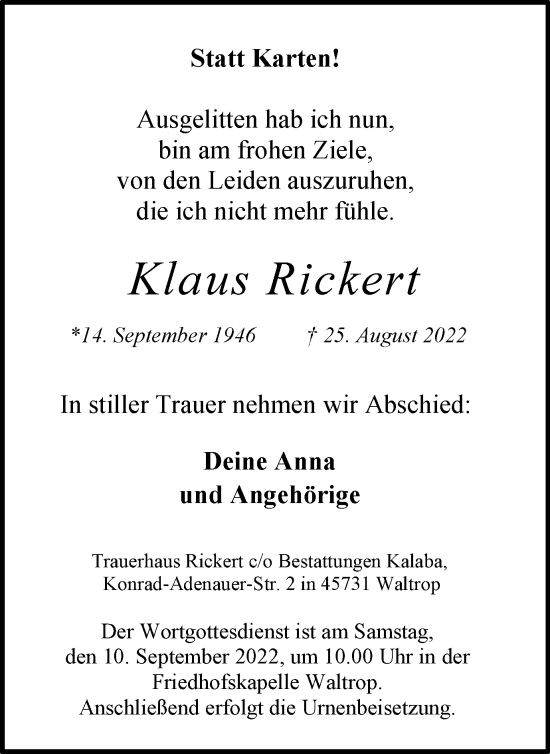 Traueranzeige von Klaus Rickert von Medienhaus Bauer