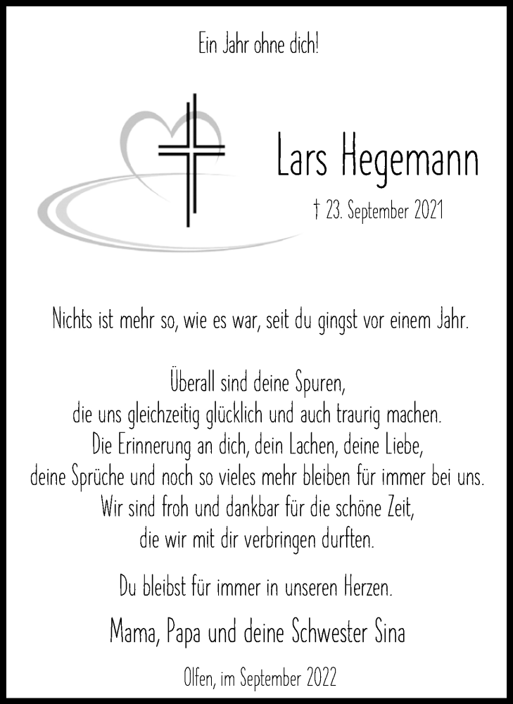  Traueranzeige für Lars Hegemann vom 23.09.2022 aus Ruhr Nachrichten