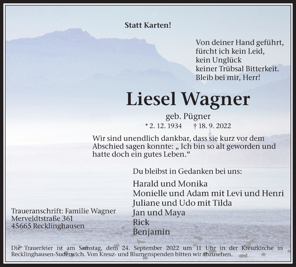 Traueranzeige für Liesel Wagner vom 21.09.2022 aus Medienhaus Bauer