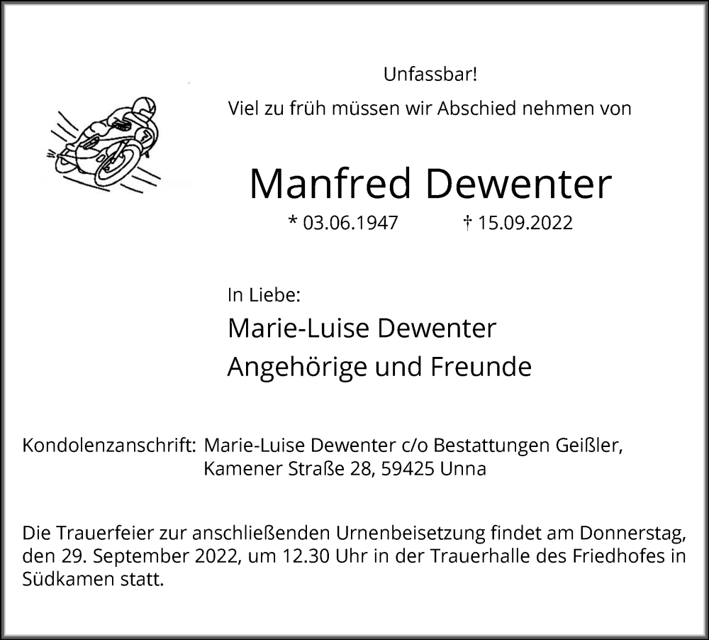  Traueranzeige für Manfred Dewenter vom 22.09.2022 aus Hellweger Anzeiger