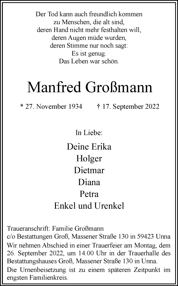 Traueranzeige für Manfred Großmann vom 21.09.2022 aus Hellweger Anzeiger