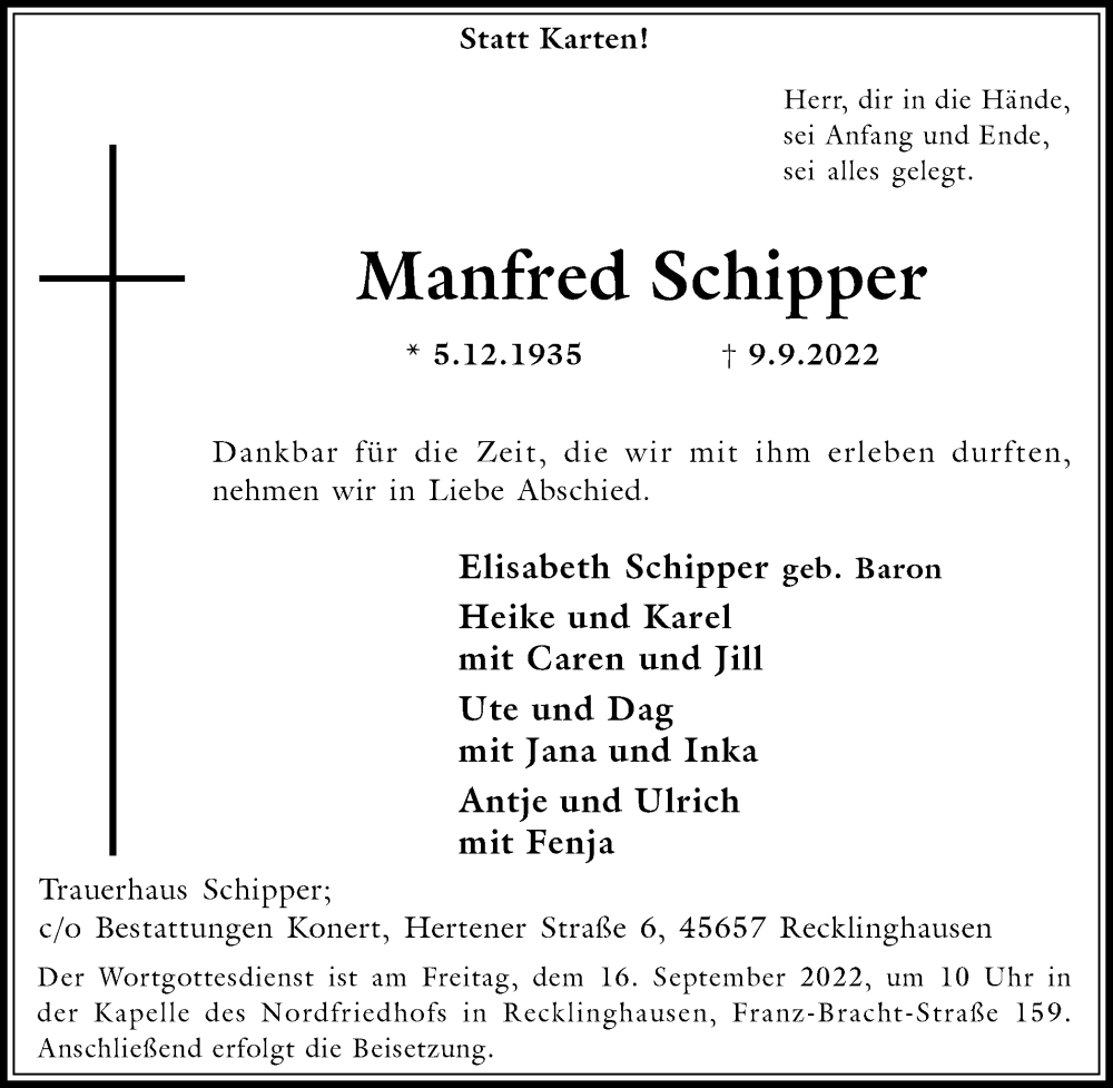  Traueranzeige für Manfred Schipper vom 13.09.2022 aus Medienhaus Bauer
