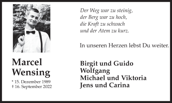 Traueranzeige von Marcel Wensing von Münstersche Zeitung und Münsterland Zeitung