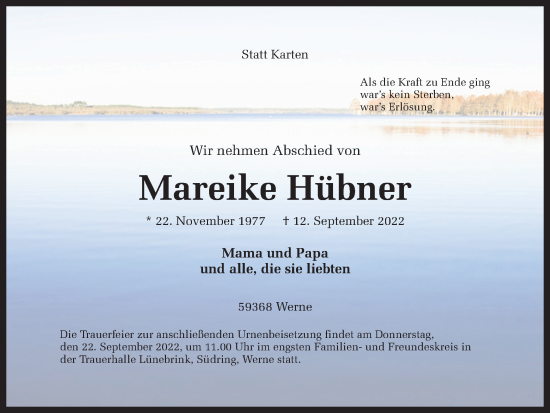 Traueranzeige von Mareike Hübner von Ruhr Nachrichten