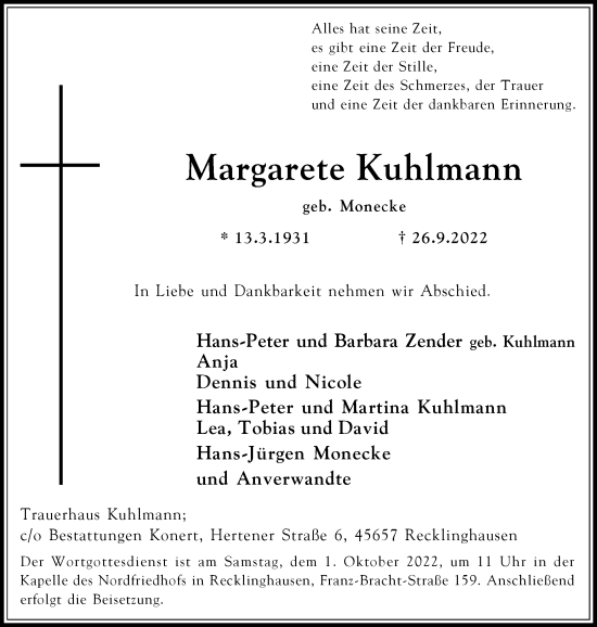 Traueranzeige von Margarete Kuhlmann von Medienhaus Bauer