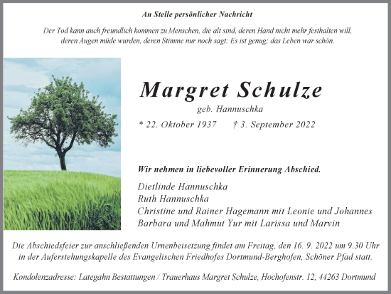 Traueranzeige von Margret Schulze 