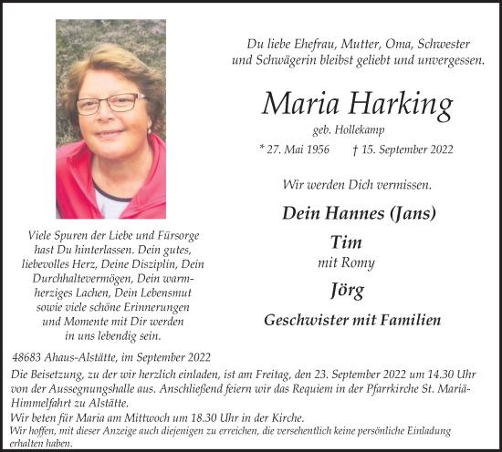 Traueranzeige von Maria Harking von Münstersche Zeitung und Münsterland Zeitung