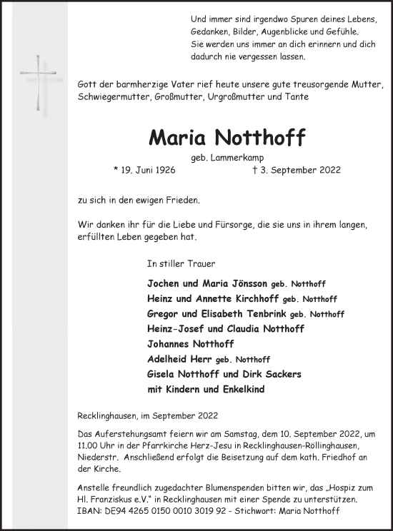 Traueranzeige von Maria Notthoff von Medienhaus Bauer