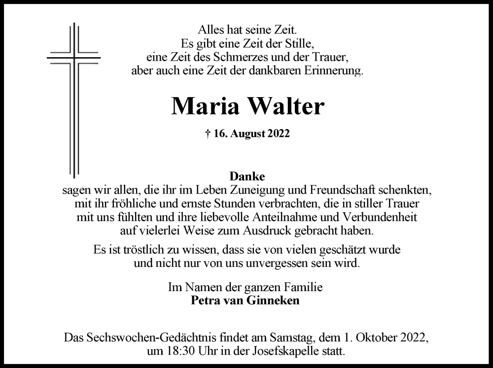  Traueranzeige für Maria Walter vom 24.09.2022 aus Ruhr Nachrichten
