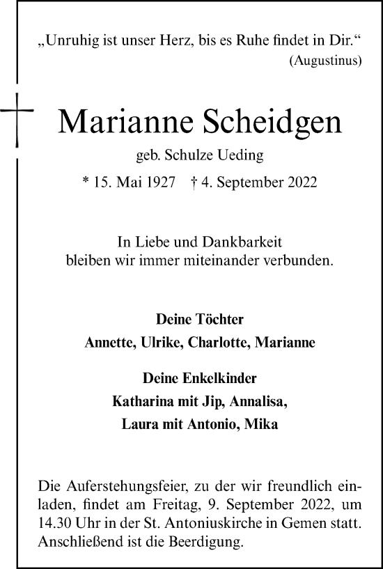 Traueranzeige von Marianne Scheidgen von Münstersche Zeitung und Münsterland Zeitung