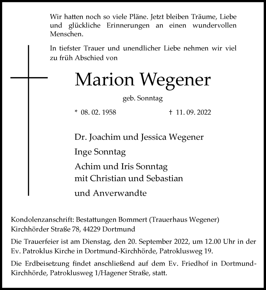 Traueranzeigen von Marion Wegener | sich-erinnern.de