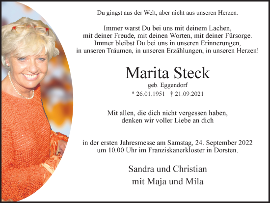 Traueranzeige von Marita Steck von Ruhr Nachrichten und Dorstener Zeitung