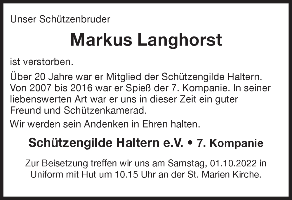  Traueranzeige für Markus Langhorst vom 27.09.2022 aus Ruhr Nachrichten und Halterner Zeitung