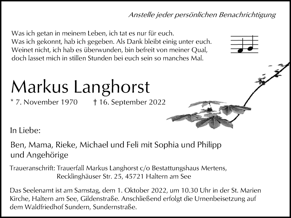 Traueranzeige für Markus Langhorst vom 24.09.2022 aus Ruhr Nachrichten und Halterner Zeitung