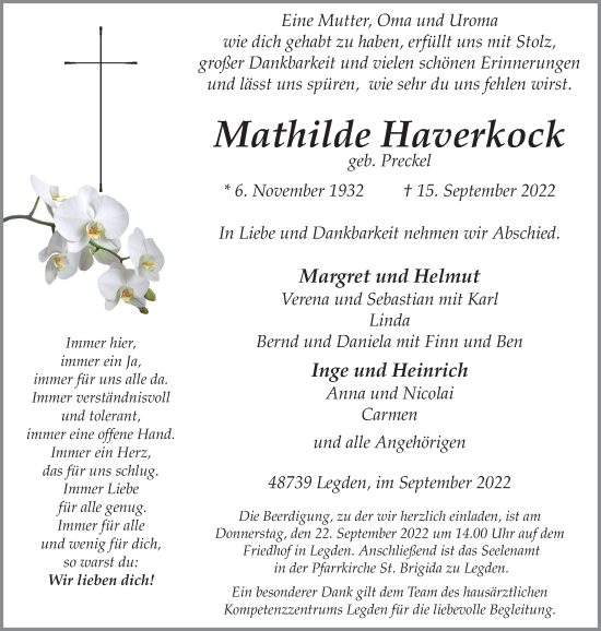 Traueranzeige von Mathilde Haverkock von Münstersche Zeitung und Münsterland Zeitung