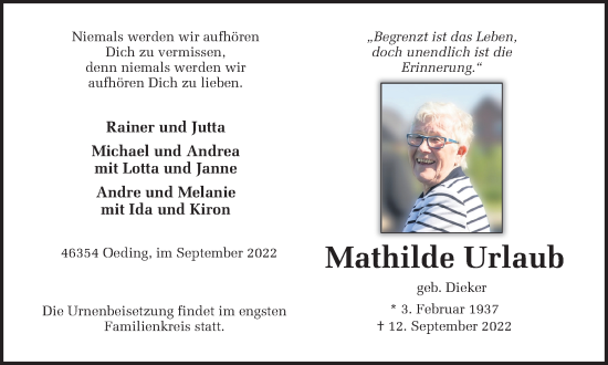 Traueranzeige von Mathilde Urlaub von Münstersche Zeitung und Münsterland Zeitung