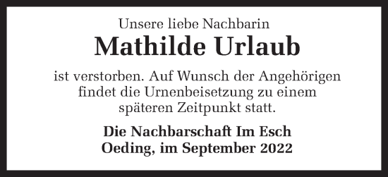 Traueranzeige von Mathilde Urlaub von Münstersche Zeitung und Münsterland Zeitung