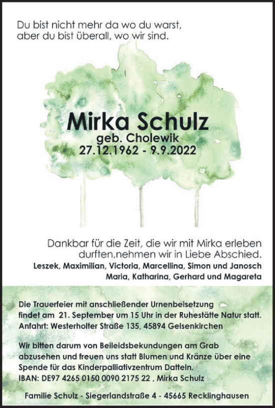 Traueranzeige von Mirka Schulz von Medienhaus Bauer