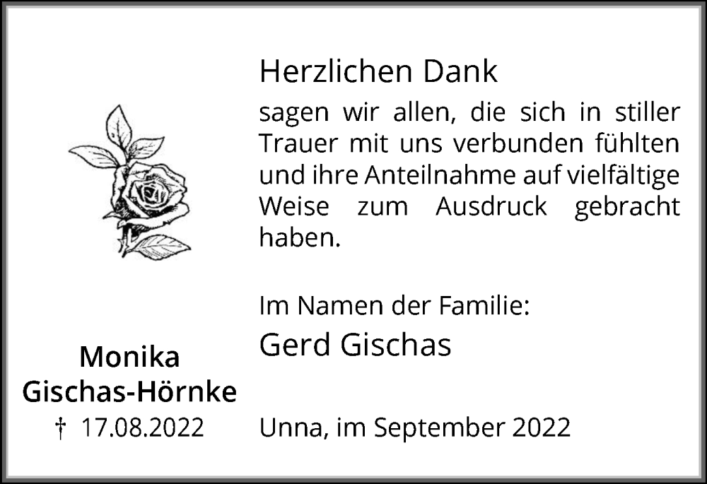  Traueranzeige für Monika Gischas-Hörnke vom 17.09.2022 aus Hellweger Anzeiger