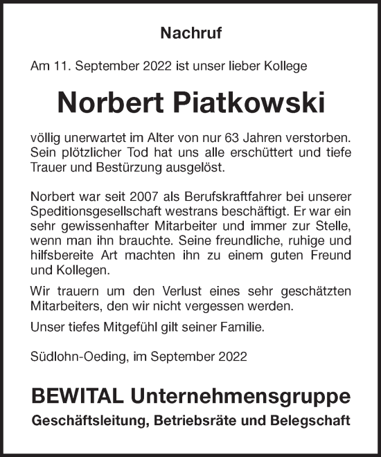 Traueranzeige von Norbert Piatkowski von Münstersche Zeitung und Münsterland Zeitung