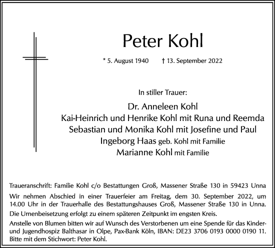 Traueranzeige von Peter Kohl von Hellweger Anzeiger