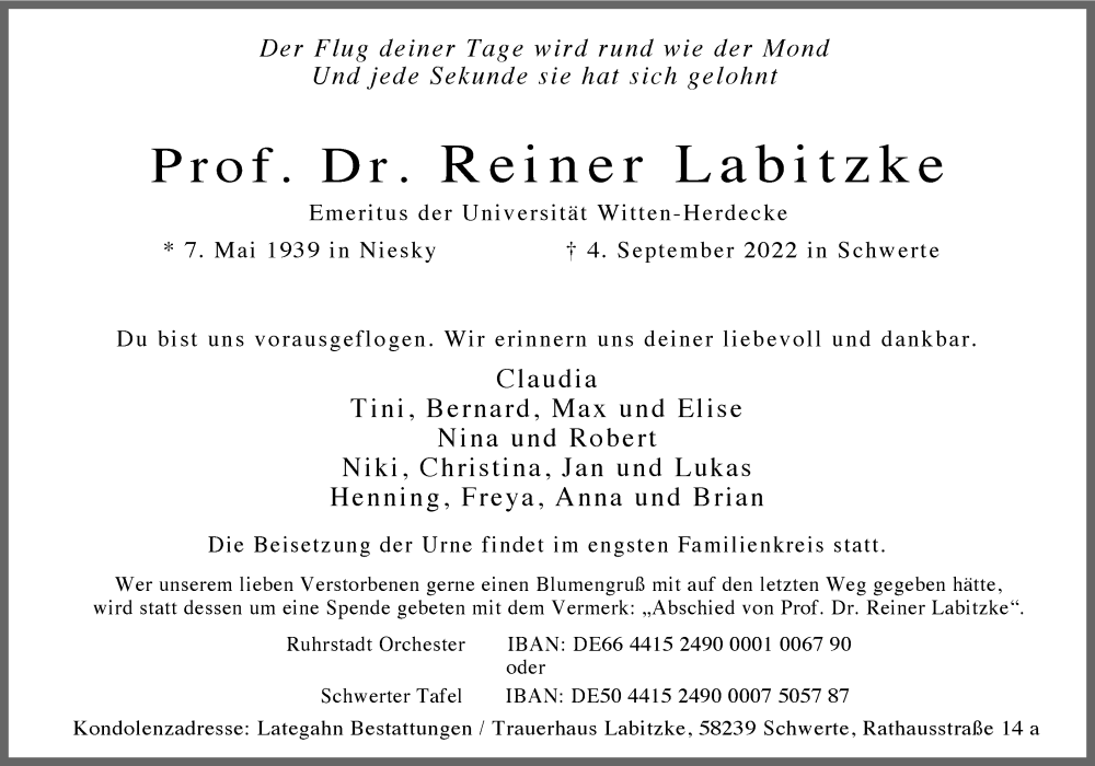  Traueranzeige für Reiner  Labitzke vom 10.09.2022 aus 