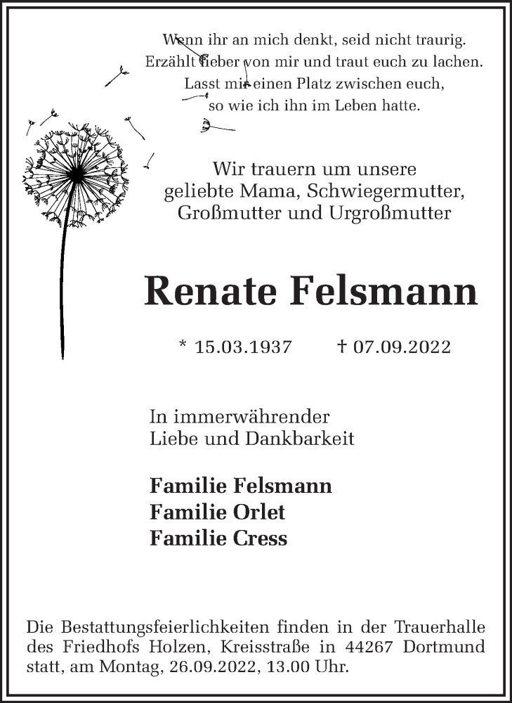  Traueranzeige für Renate Felsmann vom 24.09.2022 aus 