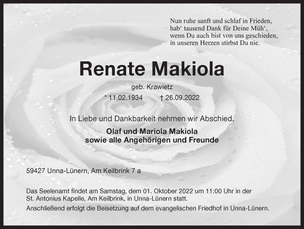  Traueranzeige für Renate Makiola vom 28.09.2022 aus Hellweger Anzeiger