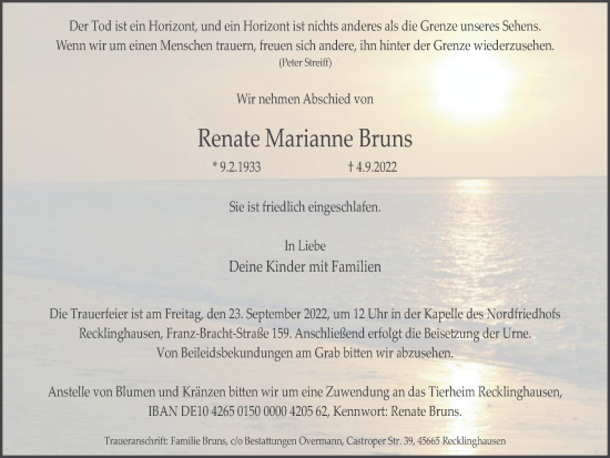 Traueranzeige von Renate Marianne Bruns von Medienhaus Bauer