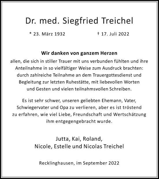 Traueranzeige von Siegfried Treichel von Medienhaus Bauer