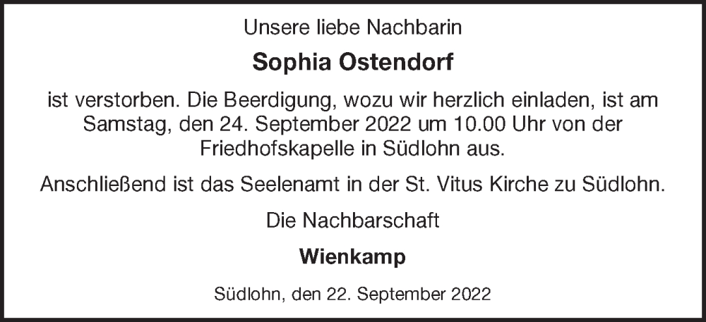  Traueranzeige für Sophia Ostendorf vom 24.09.2022 aus Münstersche Zeitung und Münsterland Zeitung