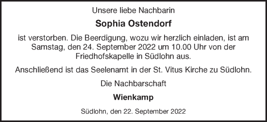 Traueranzeige von Sophia Ostendorf von Münstersche Zeitung und Münsterland Zeitung