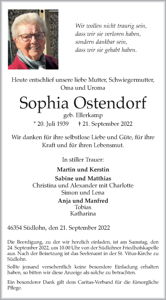  Traueranzeige für Sophia Ostendorf vom 22.09.2022 aus Münstersche Zeitung und Münsterland Zeitung