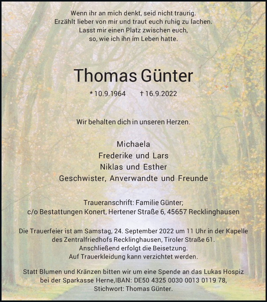  Traueranzeige für Thomas Günter vom 21.09.2022 aus Medienhaus Bauer
