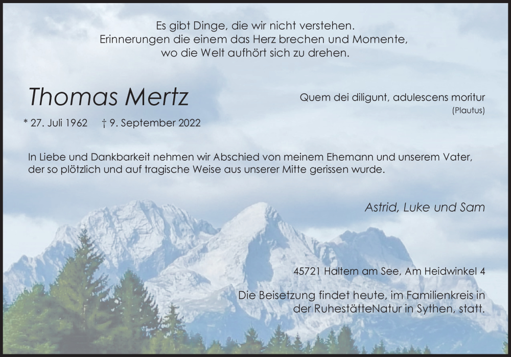  Traueranzeige für Thomas Mertz vom 30.09.2022 aus Ruhr Nachrichten und Halterner Zeitung
