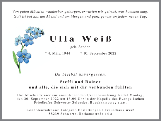 Traueranzeige von Ulla Weiß von Ruhr Nachrichten
