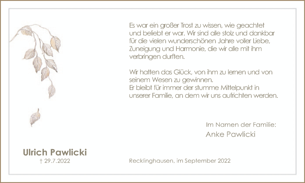  Traueranzeige für Ulrich Pawlicki vom 10.09.2022 aus Medienhaus Bauer